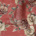 Brick Red Floral Printed Viscose Crepe Fabric with Cream and Mauve Rose Design, 110 cms Width, Made in India-D26277