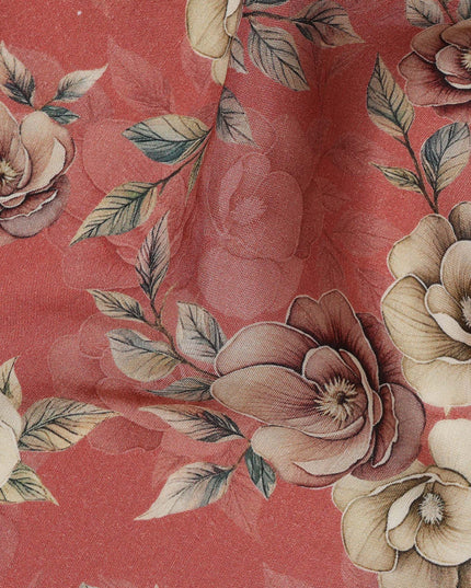 Brick Red Floral Printed Viscose Crepe Fabric with Cream and Mauve Rose Design, 110 cms Width, Made in India-D26277