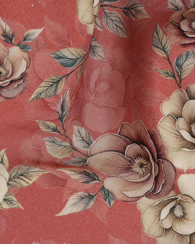 Brick Red Floral Printed Viscose Crepe Fabric with Cream and Mauve Rose Design, 110 cms Width, Made in India-D26277