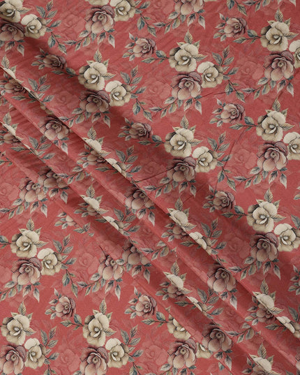 Brick Red Floral Printed Viscose Crepe Fabric with Cream and Mauve Rose Design, 110 cms Width, Made in India-D26277