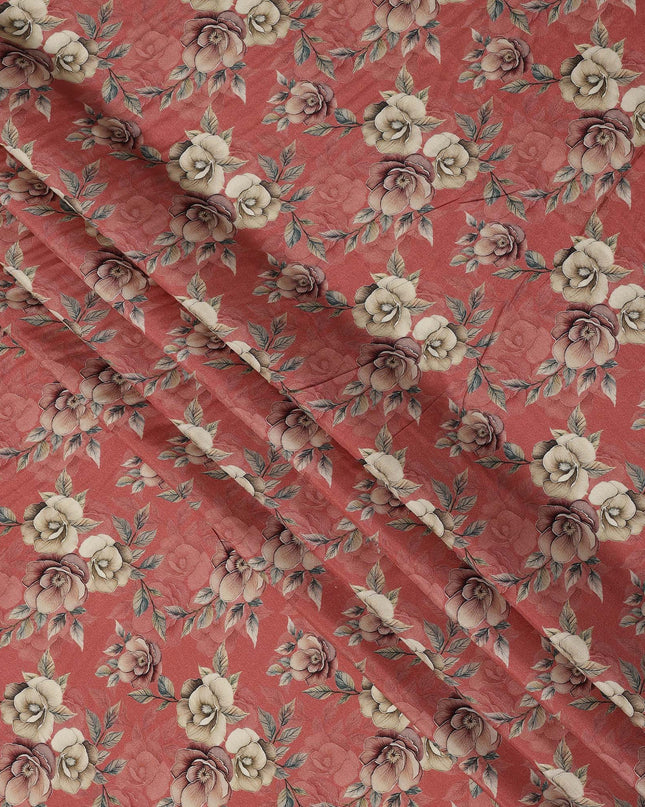 Brick Red Floral Printed Viscose Crepe Fabric with Cream and Mauve Rose Design, 110 cms Width, Made in India-D26277