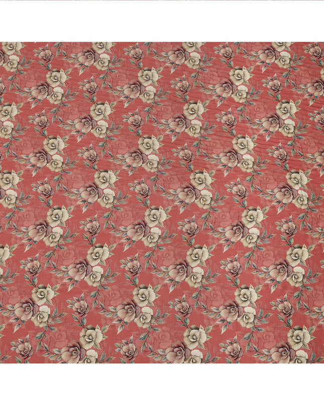 Brick Red Floral Printed Viscose Crepe Fabric with Cream and Mauve Rose Design, 110 cms Width, Made in India-D26277