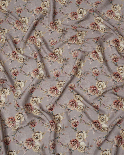 Dusty Grey Floral Printed Viscose Crepe Fabric with Beige and Rose Bloom Design, 110 cms Width, Made in India-D26290