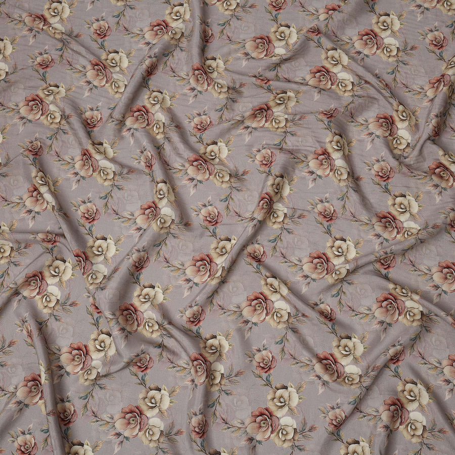 Dusty Grey Floral Printed Viscose Crepe Fabric with Beige and Rose Bloom Design, 110 cms Width, Made in India-D26290