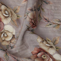 Dusty Grey Floral Printed Viscose Crepe Fabric with Beige and Rose Bloom Design, 110 cms Width, Made in India-D26290