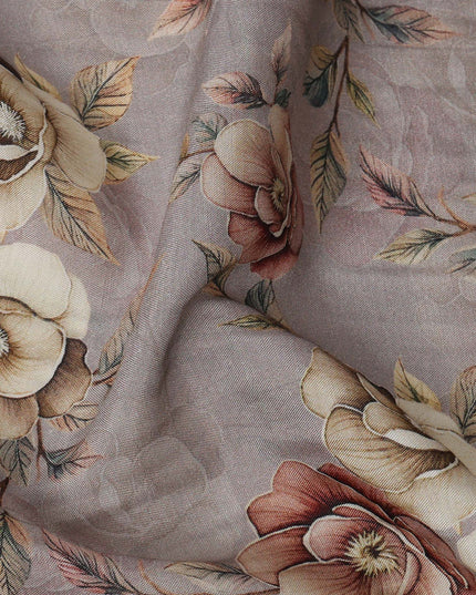 Dusty Grey Floral Printed Viscose Crepe Fabric with Beige and Rose Bloom Design, 110 cms Width, Made in India-D26290
