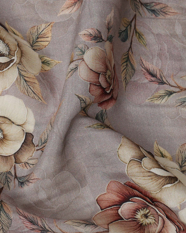 Dusty Grey Floral Printed Viscose Crepe Fabric with Beige and Rose Bloom Design, 110 cms Width, Made in India-D26290