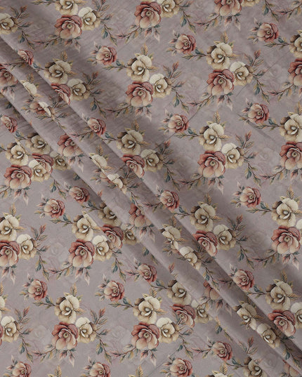 Dusty Grey Floral Printed Viscose Crepe Fabric with Beige and Rose Bloom Design, 110 cms Width, Made in India-D26290