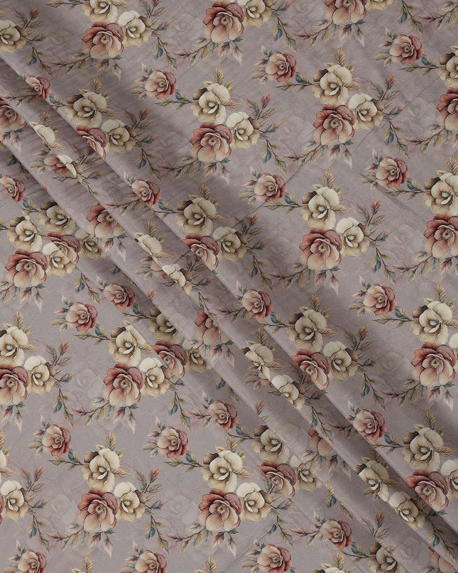 Dusty Grey Floral Printed Viscose Crepe Fabric with Beige and Rose Bloom Design, 110 cms Width, Made in India-D26290