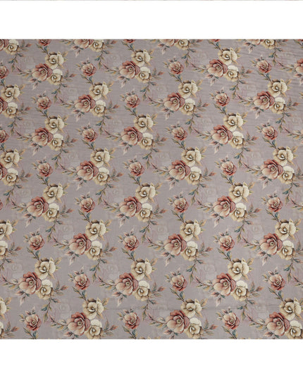 Dusty Grey Floral Printed Viscose Crepe Fabric with Beige and Rose Bloom Design, 110 cms Width, Made in India-D26290