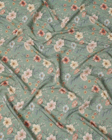 Mint Green Floral Printed Viscose Crepe Fabric with Multicolor Bloom Design, 110 cms Width, Made in India-D26289