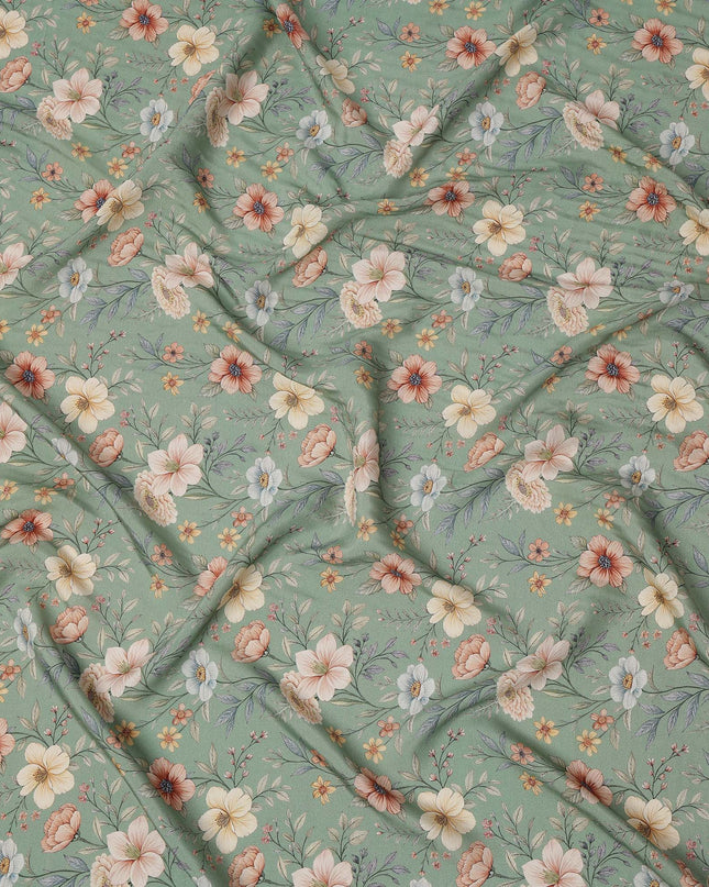 Mint Green Floral Printed Viscose Crepe Fabric with Multicolor Bloom Design, 110 cms Width, Made in India-D26289