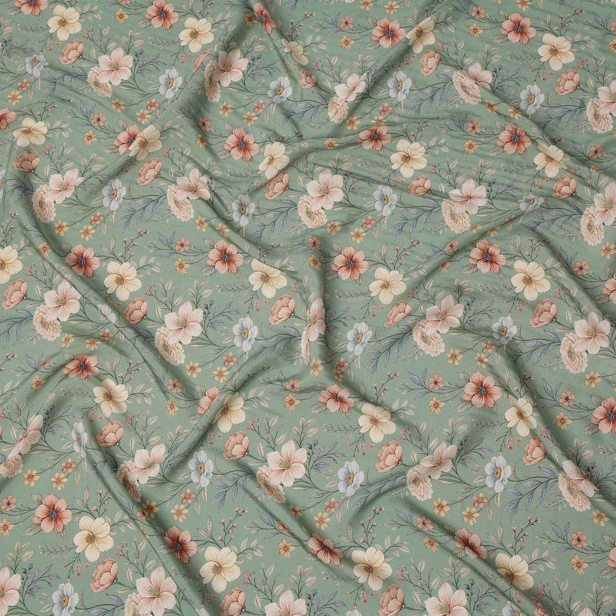 Mint Green Floral Printed Viscose Crepe Fabric with Multicolor Bloom Design, 110 cms Width, Made in India-D26289