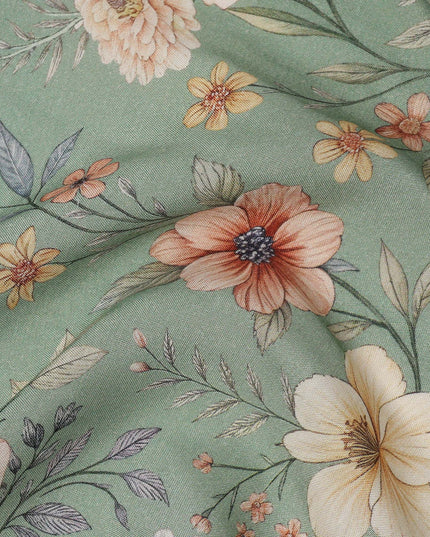 Mint Green Floral Printed Viscose Crepe Fabric with Multicolor Bloom Design, 110 cms Width, Made in India-D26289