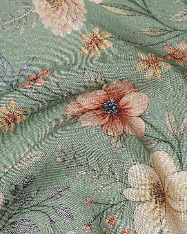 Mint Green Floral Printed Viscose Crepe Fabric with Multicolor Bloom Design, 110 cms Width, Made in India-D26289