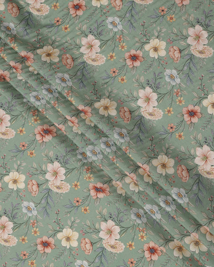 Mint Green Floral Printed Viscose Crepe Fabric with Multicolor Bloom Design, 110 cms Width, Made in India-D26289
