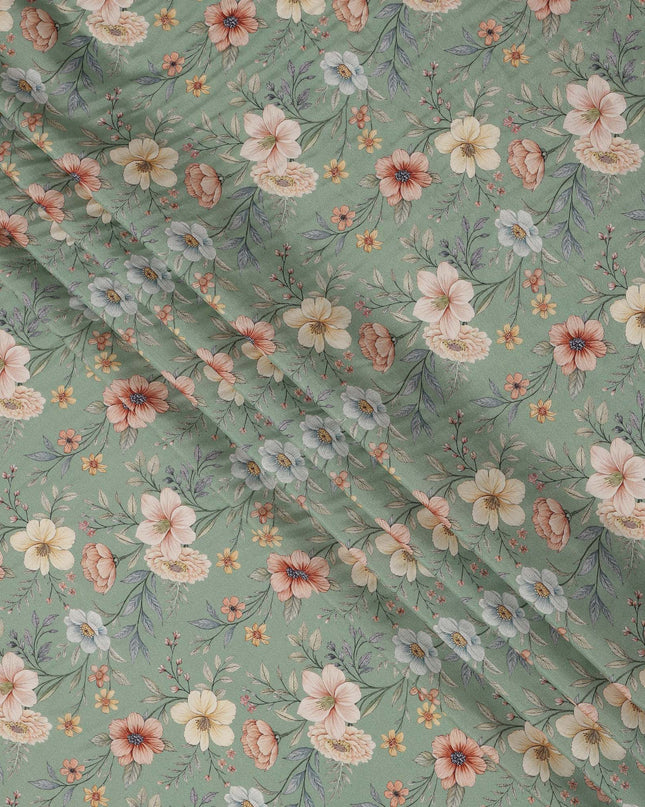 Mint Green Floral Printed Viscose Crepe Fabric with Multicolor Bloom Design, 110 cms Width, Made in India-D26289