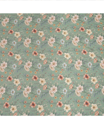 Mint Green Floral Printed Viscose Crepe Fabric with Multicolor Bloom Design, 110 cms Width, Made in India-D26289