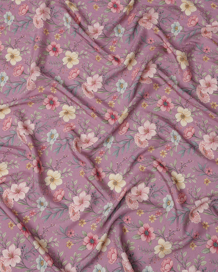 Orchid Pink Floral Printed Viscose Crepe Fabric with Multicolor Bloom Design, 110 cms Width, Made in India-D26288