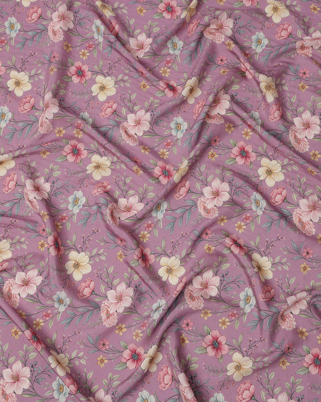 Orchid Pink Floral Printed Viscose Crepe Fabric with Multicolor Bloom Design, 110 cms Width, Made in India-D26288