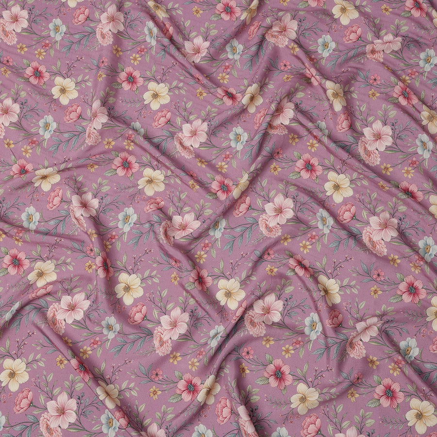 Orchid Pink Floral Printed Viscose Crepe Fabric with Multicolor Bloom Design, 110 cms Width, Made in India-D26288