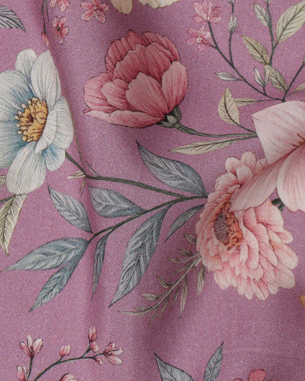 Orchid Pink Floral Printed Viscose Crepe Fabric with Multicolor Bloom Design, 110 cms Width, Made in India-D26288