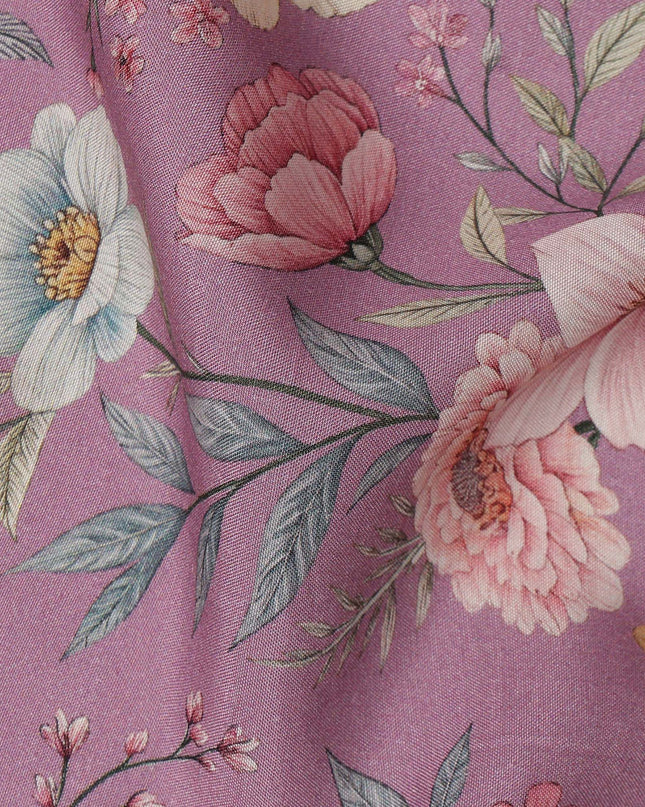Orchid Pink Floral Printed Viscose Crepe Fabric with Multicolor Bloom Design, 110 cms Width, Made in India-D26288