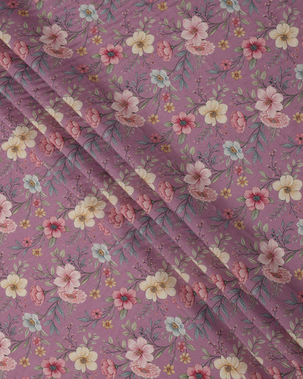 Orchid Pink Floral Printed Viscose Crepe Fabric with Multicolor Bloom Design, 110 cms Width, Made in India-D26288