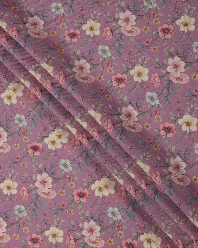 Orchid Pink Floral Printed Viscose Crepe Fabric with Multicolor Bloom Design, 110 cms Width, Made in India-D26288