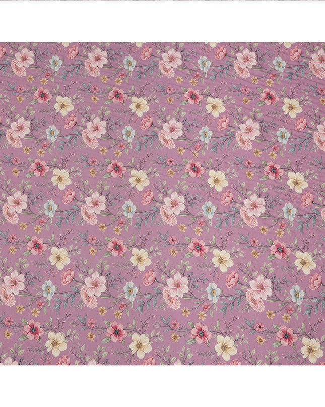 Orchid Pink Floral Printed Viscose Crepe Fabric with Multicolor Bloom Design, 110 cms Width, Made in India-D26288