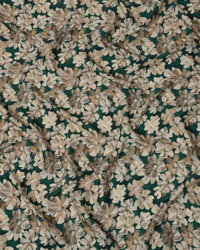 Emerald Green Floral Printed Viscose Crepe Fabric with Beige and Brown Bloom Design, 110 cms Width, Made in India-D26295