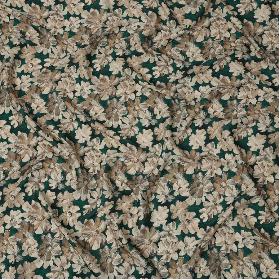 Emerald Green Floral Printed Viscose Crepe Fabric with Beige and Brown Bloom Design, 110 cms Width, Made in India-D26295