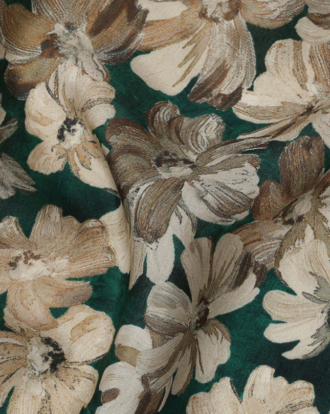 Emerald Green Floral Printed Viscose Crepe Fabric with Beige and Brown Bloom Design, 110 cms Width, Made in India-D26295