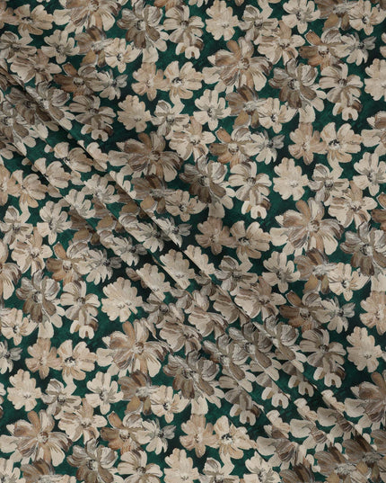Emerald Green Floral Printed Viscose Crepe Fabric with Beige and Brown Bloom Design, 110 cms Width, Made in India-D26295