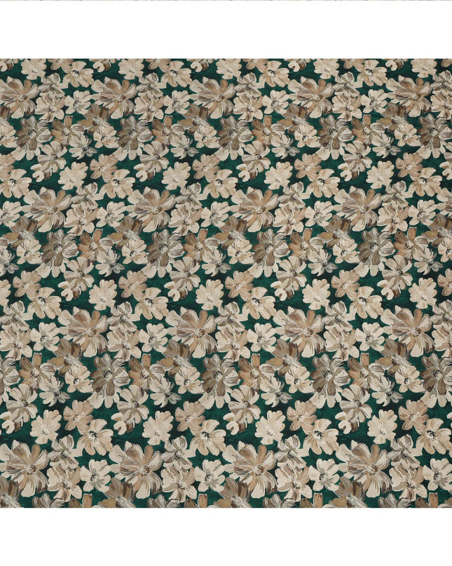 Emerald Green Floral Printed Viscose Crepe Fabric with Beige and Brown Bloom Design, 110 cms Width, Made in India-D26295