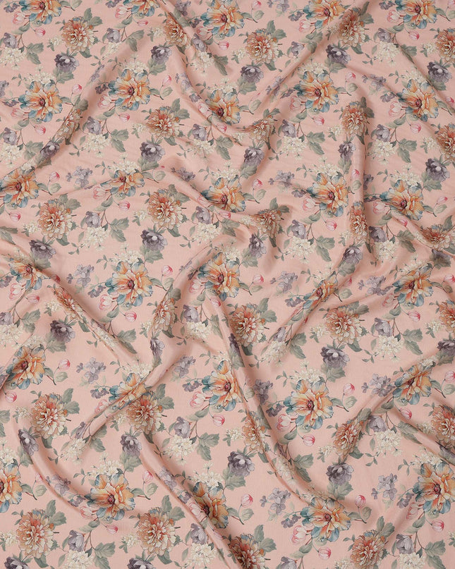 Peach Multicolor Floral Printed Viscose Crepe Fabric with Artistic Bloom Design, 110 cms Width, Made in India-D26303