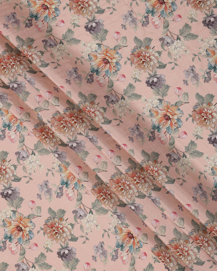 Peach Multicolor Floral Printed Viscose Crepe Fabric with Artistic Bloom Design, 110 cms Width, Made in India-D26303