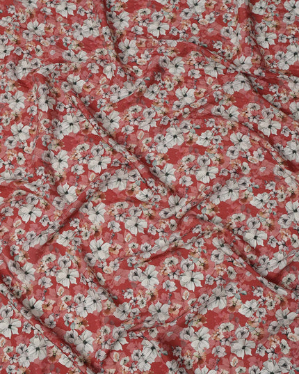 Red Floral Printed Viscose Crepe Fabric with White and Pink Bloom Design, 110 cms Width, Made in India-D26291