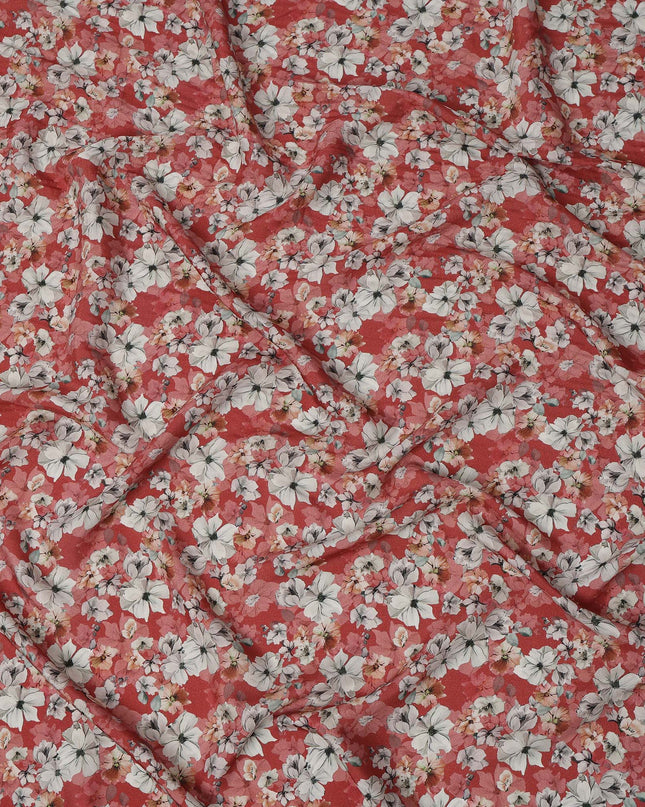 Red Floral Printed Viscose Crepe Fabric with White and Pink Bloom Design, 110 cms Width, Made in India-D26291