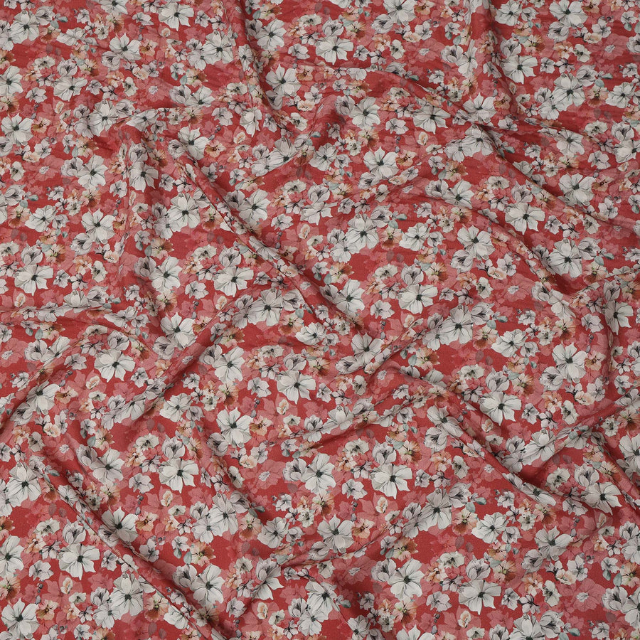 Red Floral Printed Viscose Crepe Fabric with White and Pink Bloom Design, 110 cms Width, Made in India-D26291