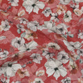 Red Floral Printed Viscose Crepe Fabric with White and Pink Bloom Design, 110 cms Width, Made in India-D26291