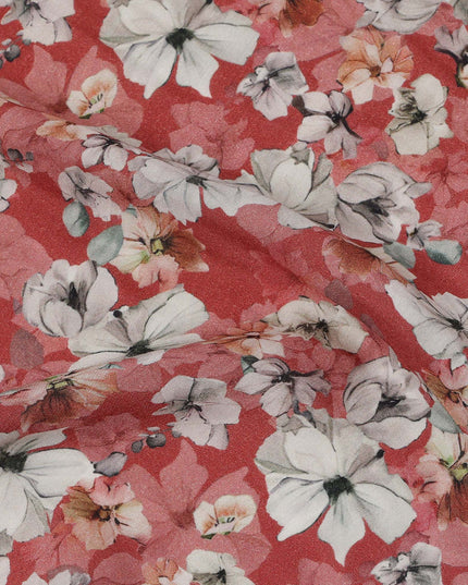 Red Floral Printed Viscose Crepe Fabric with White and Pink Bloom Design, 110 cms Width, Made in India-D26291