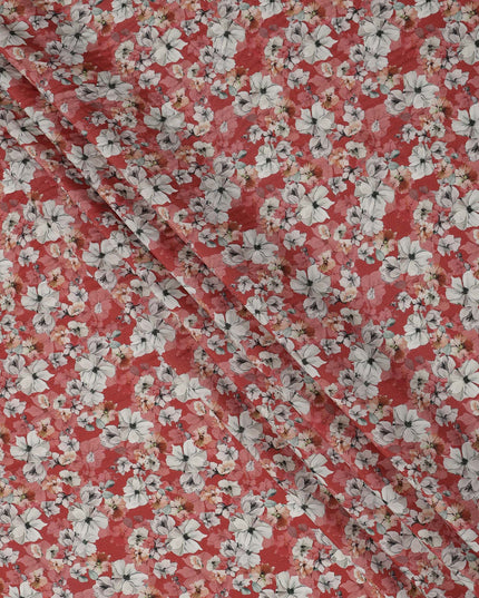 Red Floral Printed Viscose Crepe Fabric with White and Pink Bloom Design, 110 cms Width, Made in India-D26291