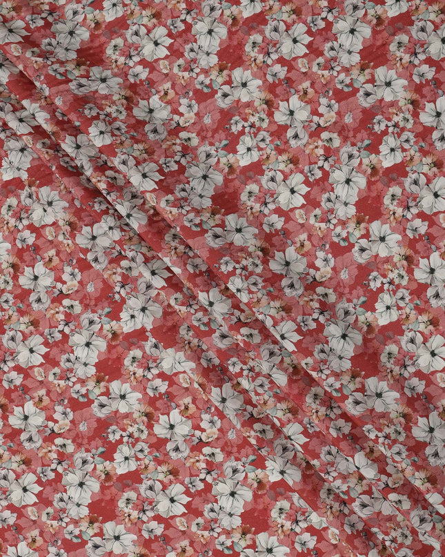 Red Floral Printed Viscose Crepe Fabric with White and Pink Bloom Design, 110 cms Width, Made in India-D26291