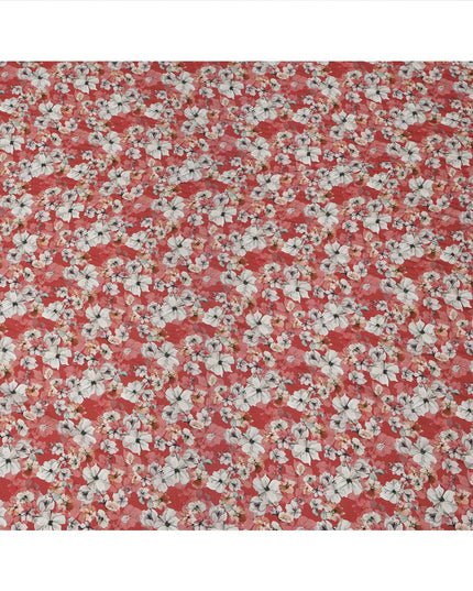 Red Floral Printed Viscose Crepe Fabric with White and Pink Bloom Design, 110 cms Width, Made in India-D26291