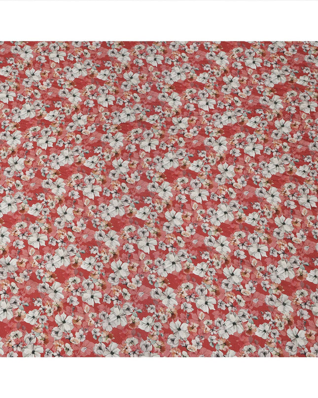 Red Floral Printed Viscose Crepe Fabric with White and Pink Bloom Design, 110 cms Width, Made in India-D26291