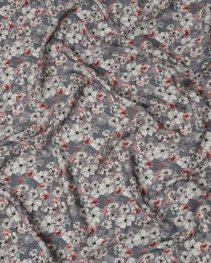 Slate Grey Floral Printed Viscose Crepe Fabric with White and Pink Bloom Design, 110 cms Width, Made in India-D26301