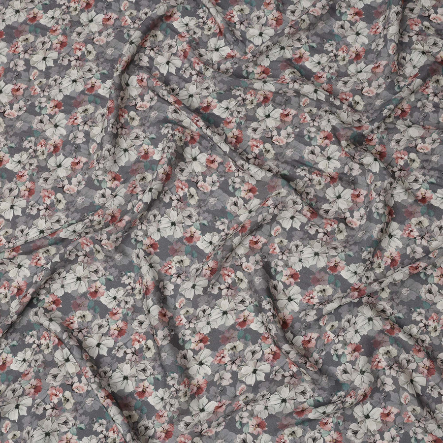Slate Grey Floral Printed Viscose Crepe Fabric with White and Pink Bloom Design, 110 cms Width, Made in India-D26301