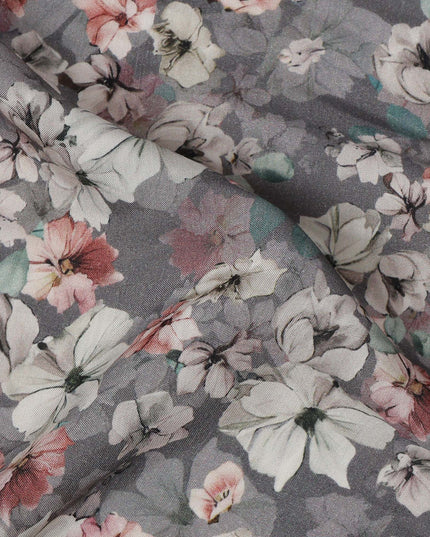 Slate Grey Floral Printed Viscose Crepe Fabric with White and Pink Bloom Design, 110 cms Width, Made in India-D26301