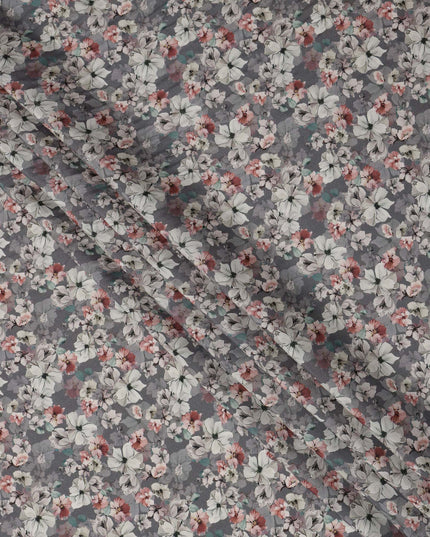 Slate Grey Floral Printed Viscose Crepe Fabric with White and Pink Bloom Design, 110 cms Width, Made in India-D26301